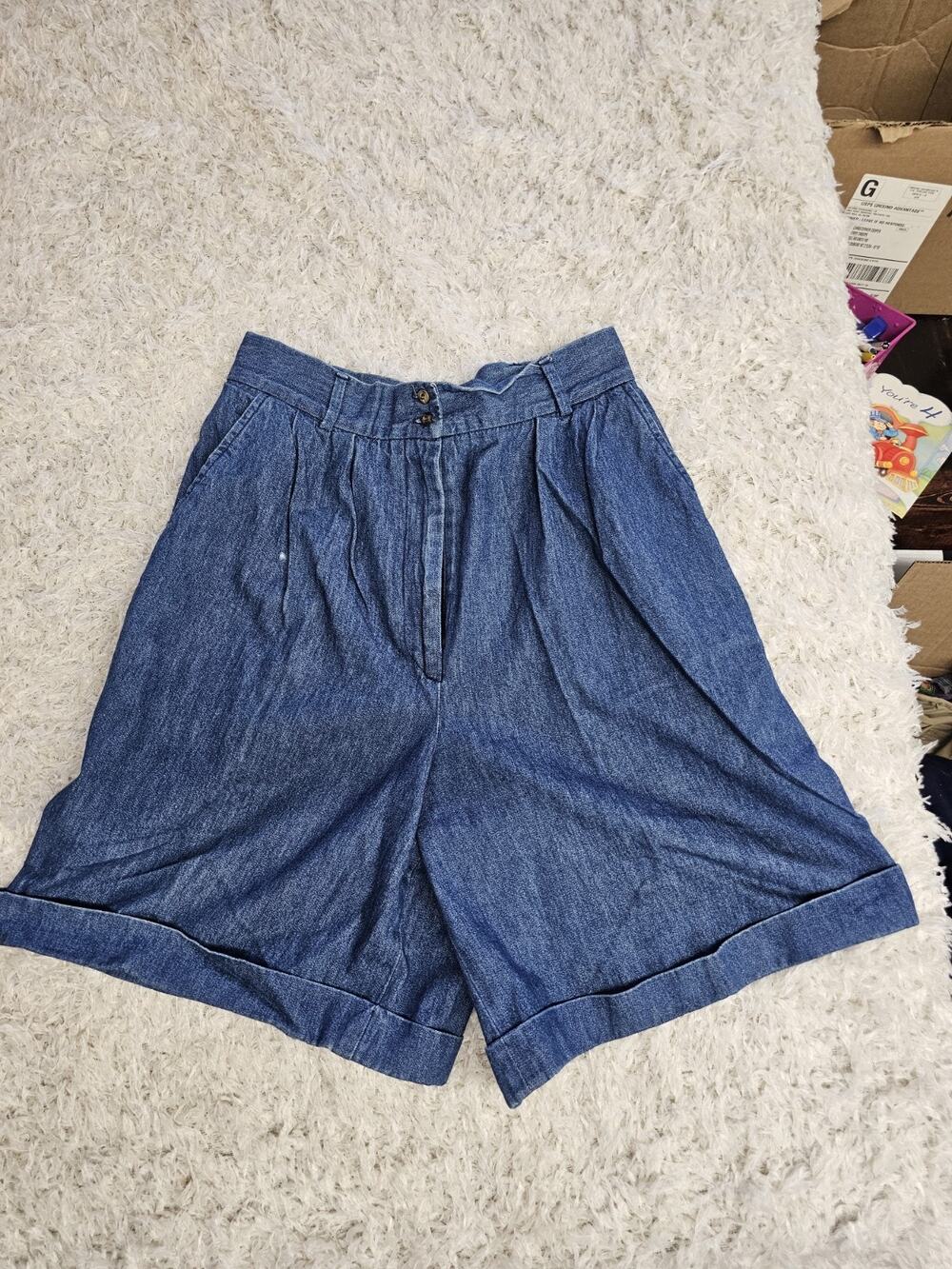 Vtg 90s Talbots Denim Pleated Shorts High Rise Cuffed Jean Mom 24x8 Bermuda Blue